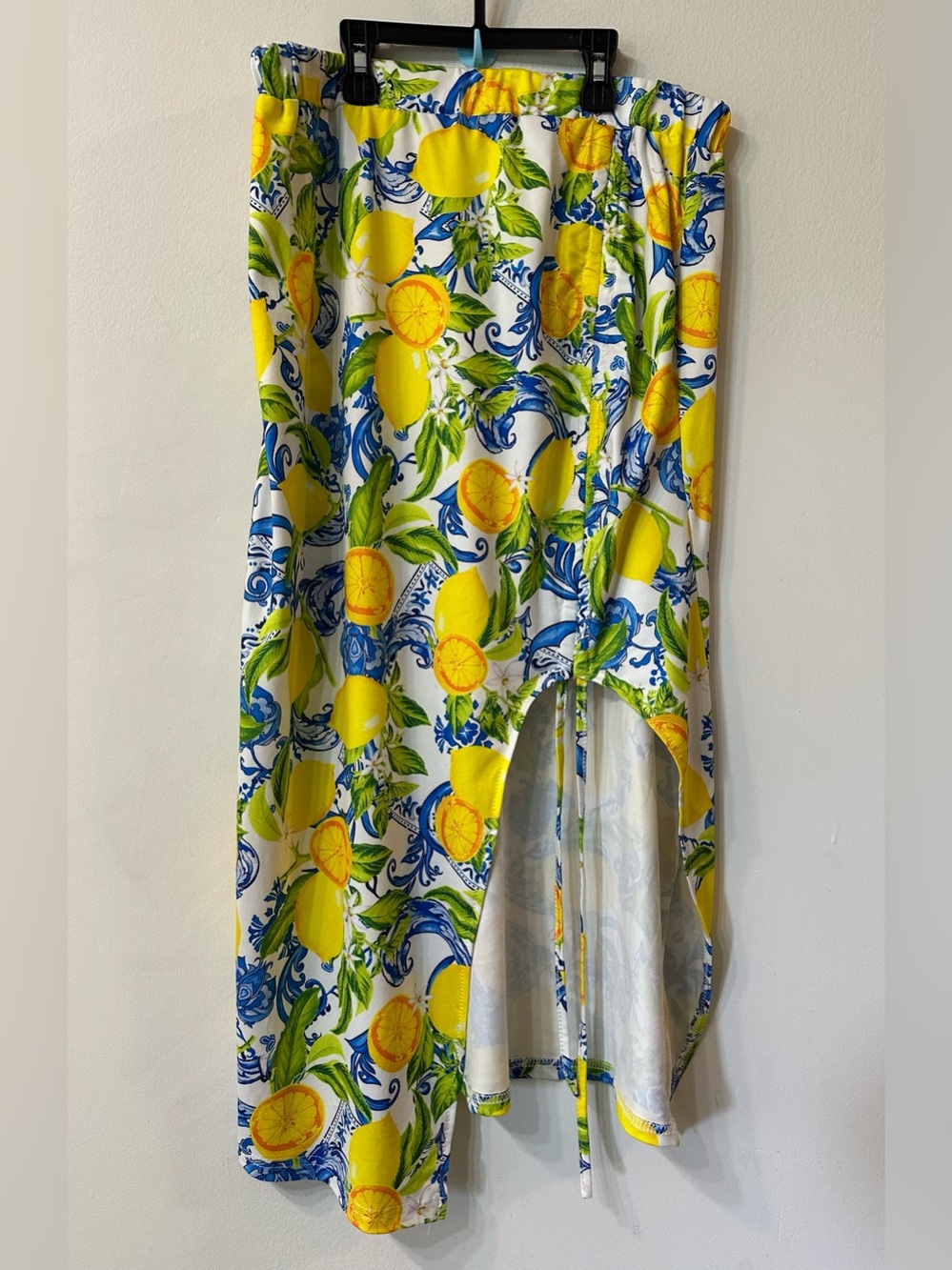 Lemon Print Beach Skirt Mediterranean Blue Tile High Slit Ruched Skirt